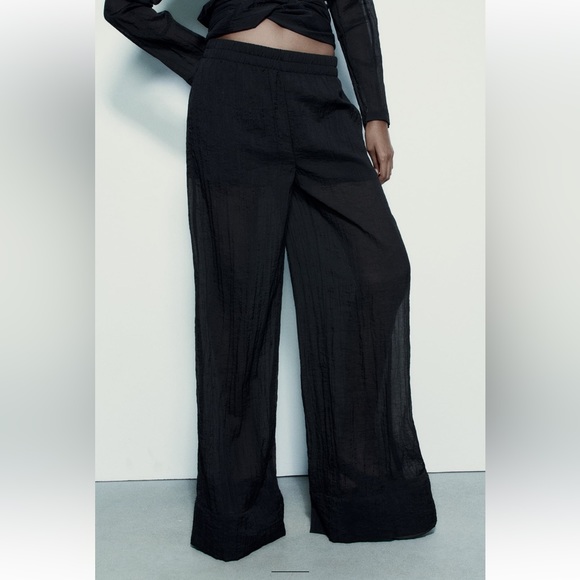 Zara Pants - Zara Black Semi-sheer Minimalist Wide Leg Palazzo Pants Elastic waist XS NWT